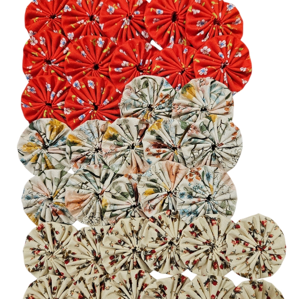 Hand Sewn Fabric Yo Yos  Set of 36 With Red,  Cream With Tea Roses , Botanical